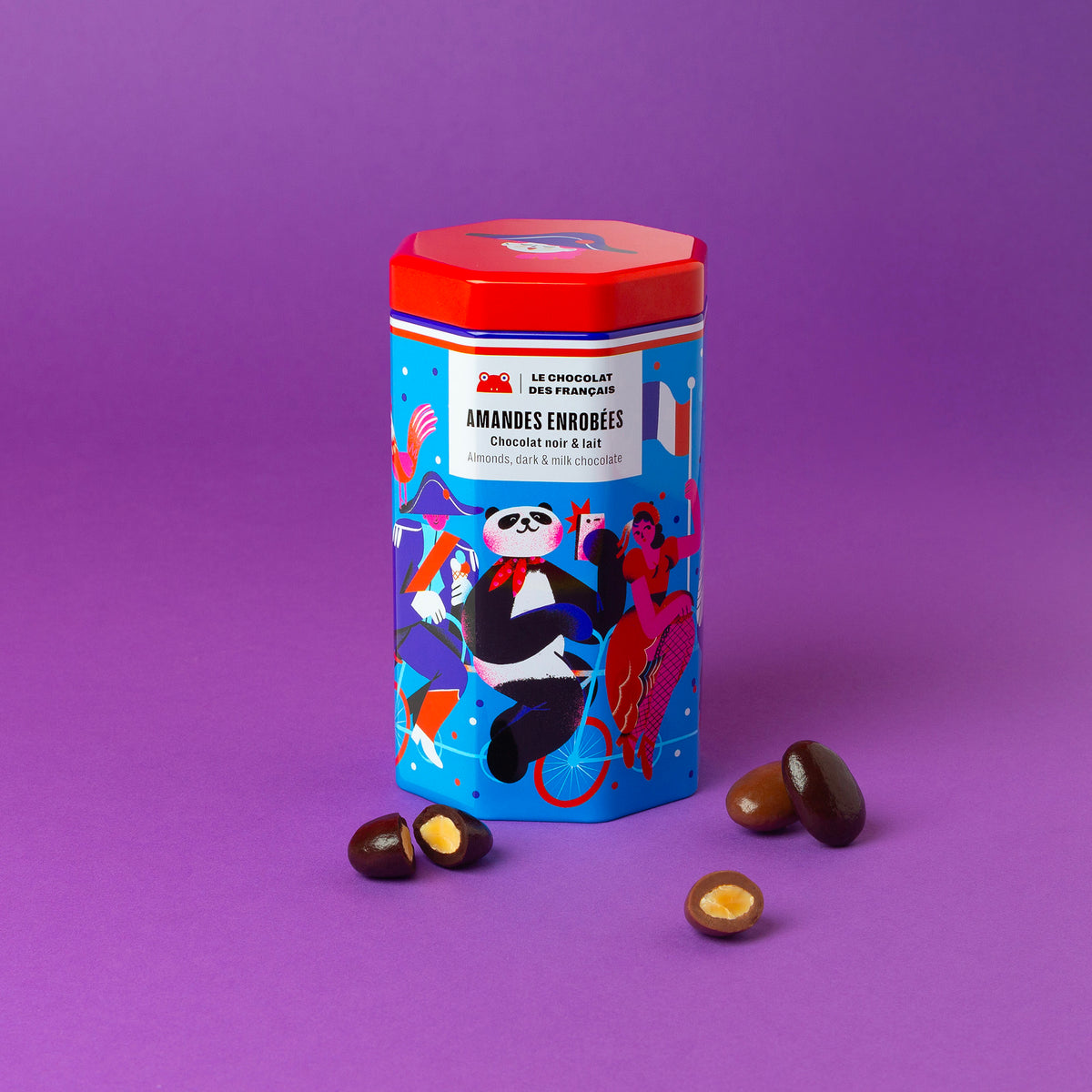 Boîte Métal Panda – Amandes enrobées de Chocolat Noir et Lait (125g)