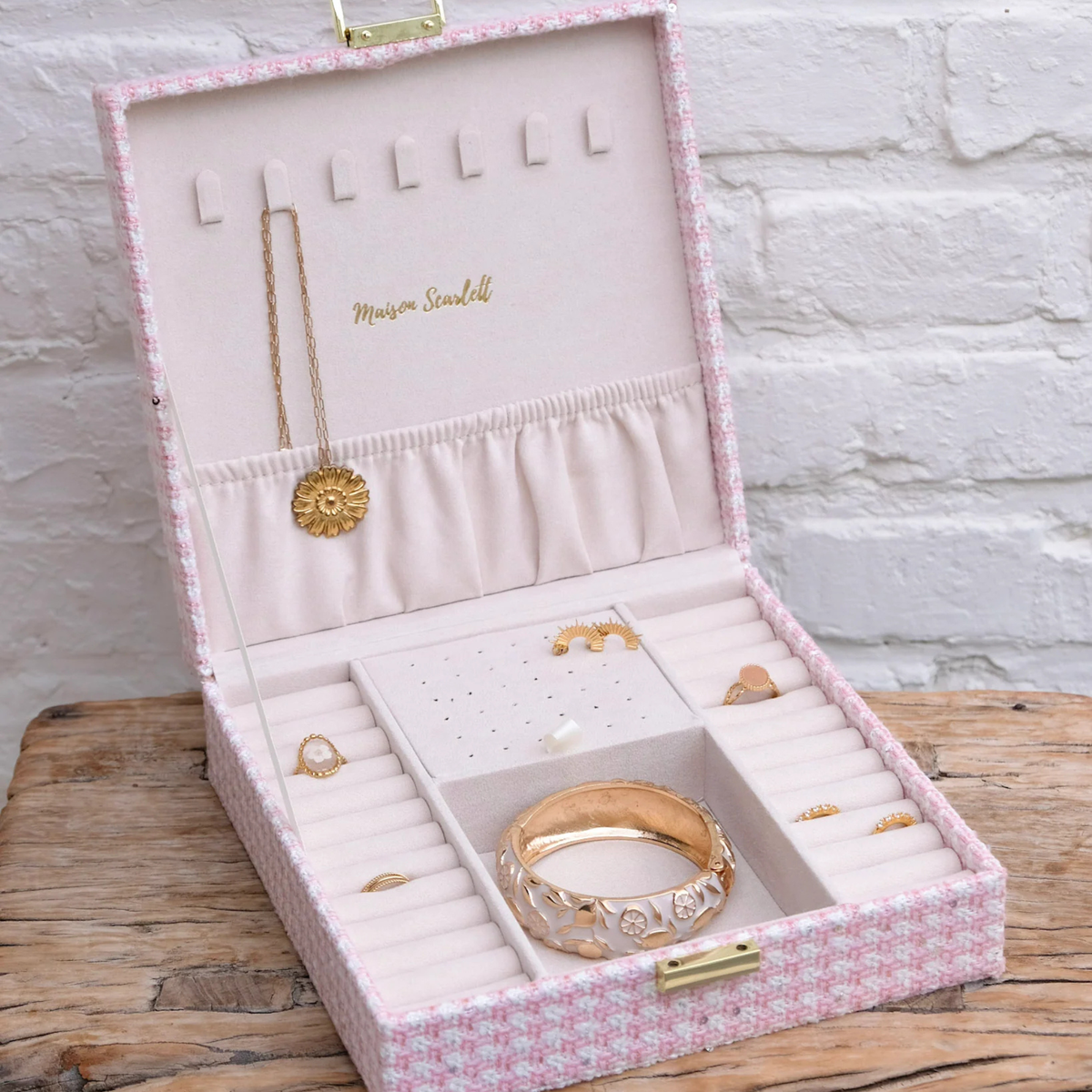 Boîte à Bijoux Anne - Pied-de-poule rose