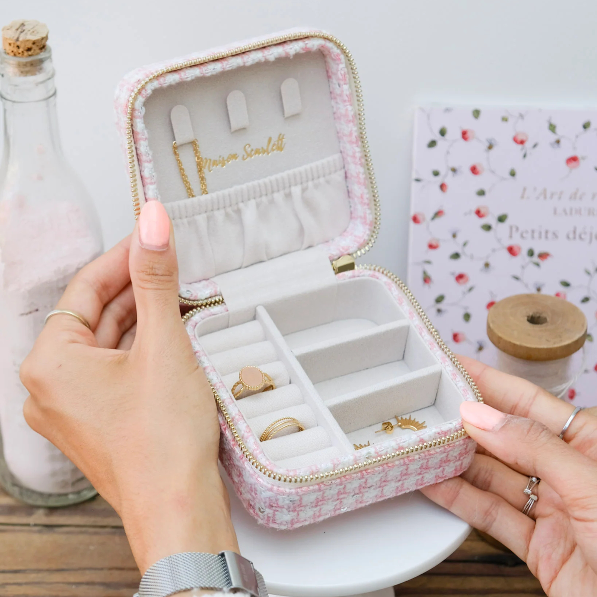 Boîte à Bijoux de voyage Corinne - Pied-de-poule Rose