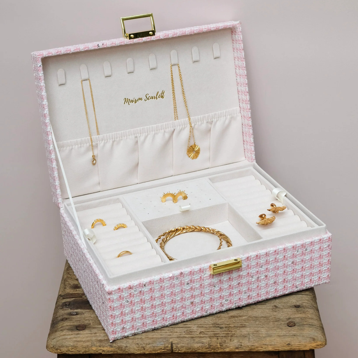Boîte à Bijoux Louise - Pied-de-poule Rose