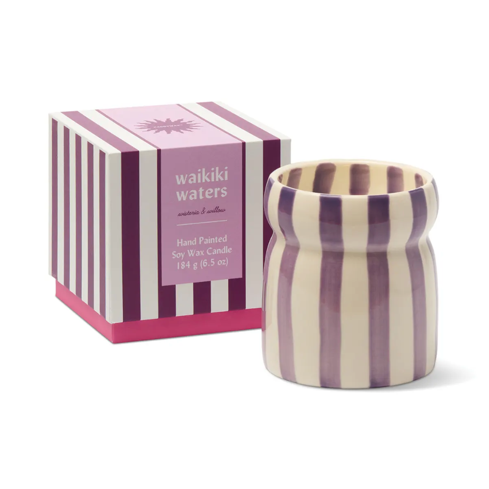 Bougie en céramique Cabana rayée violette 184 g – Waikiki Waters