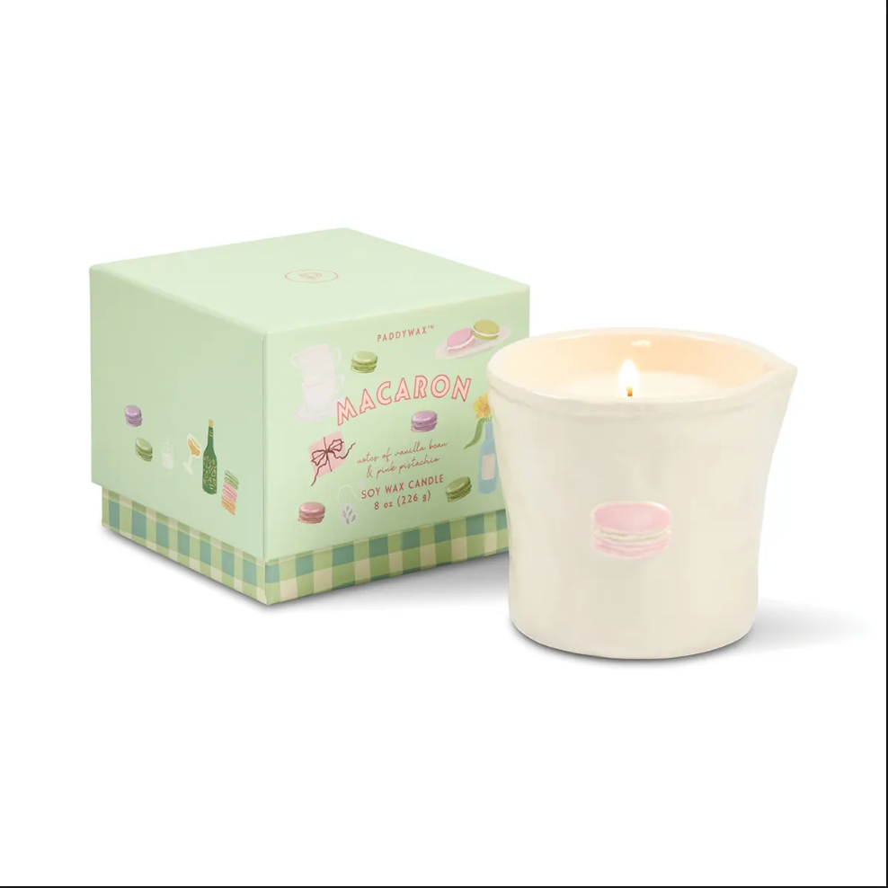 Bougie en céramique Bistro Macaron 226 g – Ambre & Pistache