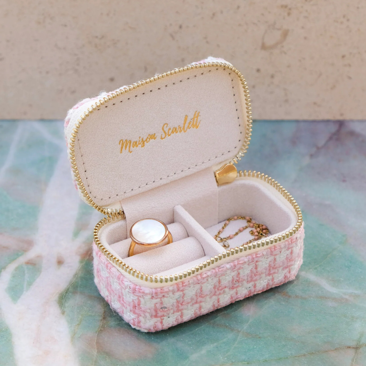 Mini boîte à Bijoux de voyage Marie - Pied-de-poule rose