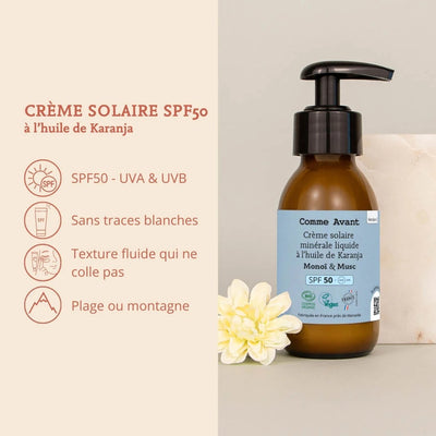 Crème solaire minérale liquide SPF50 - Monoï & Musc