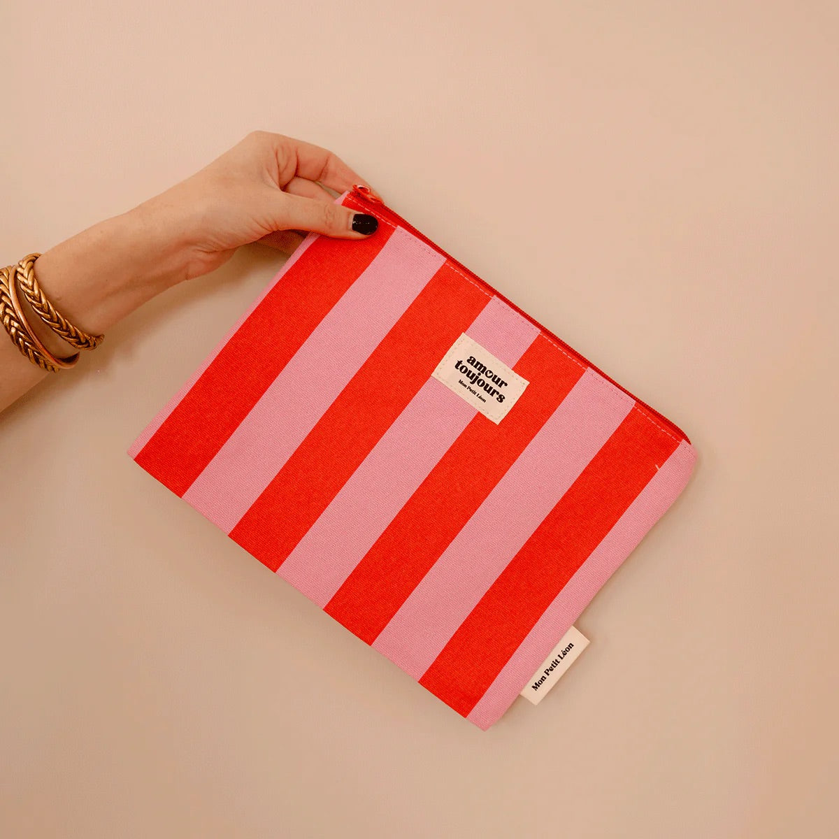Pochette plate rayures rose rouge