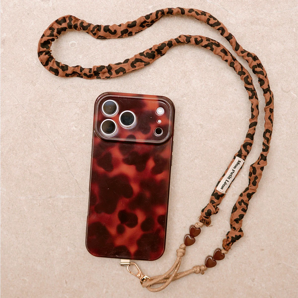Sangle de téléphone Billie léopard marron - cordon beige